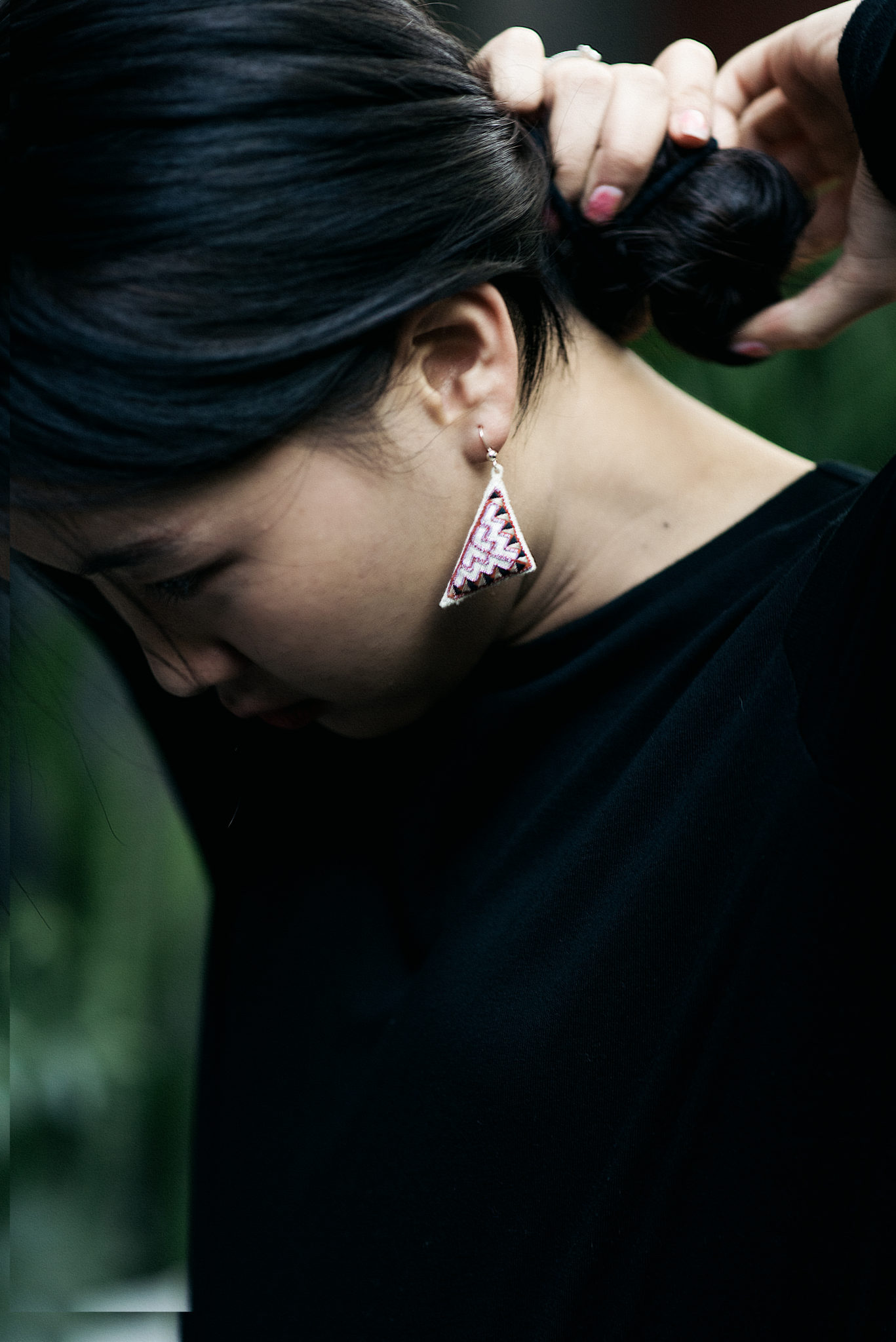 Hmong silk embroidered triangle earrings