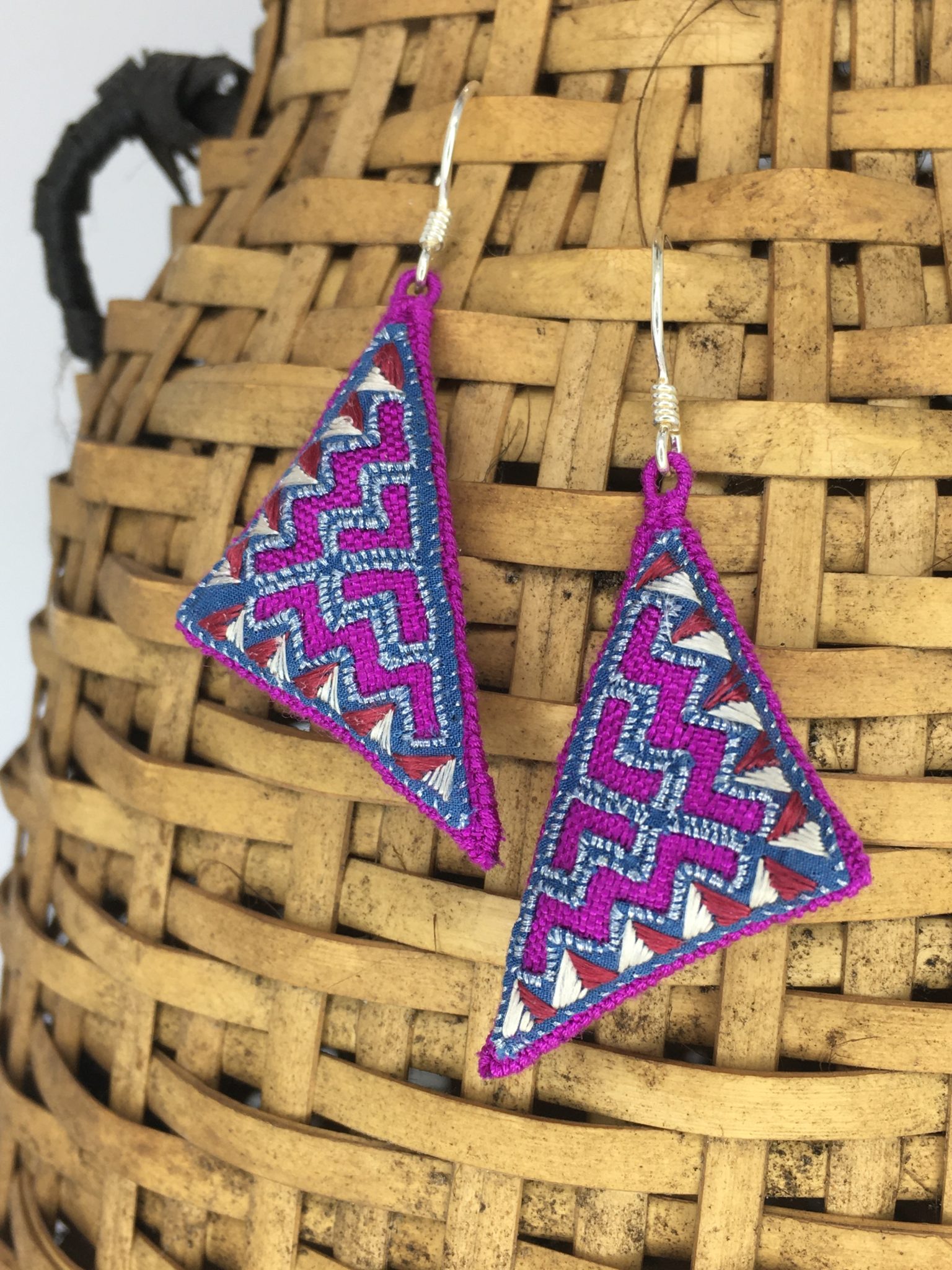 Hmong Silk Embroidered Earrings - Triangle