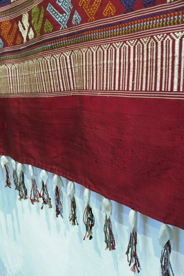 Silk Tai Daeng wall hanging with silkworm cocoons