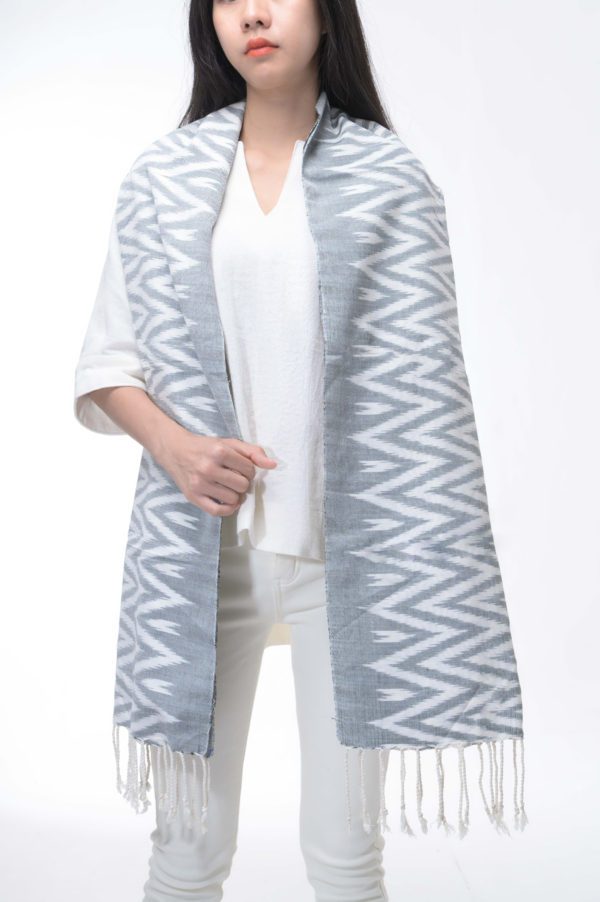 Grey ikat textile scarf by Tai Lao artisans in Laos