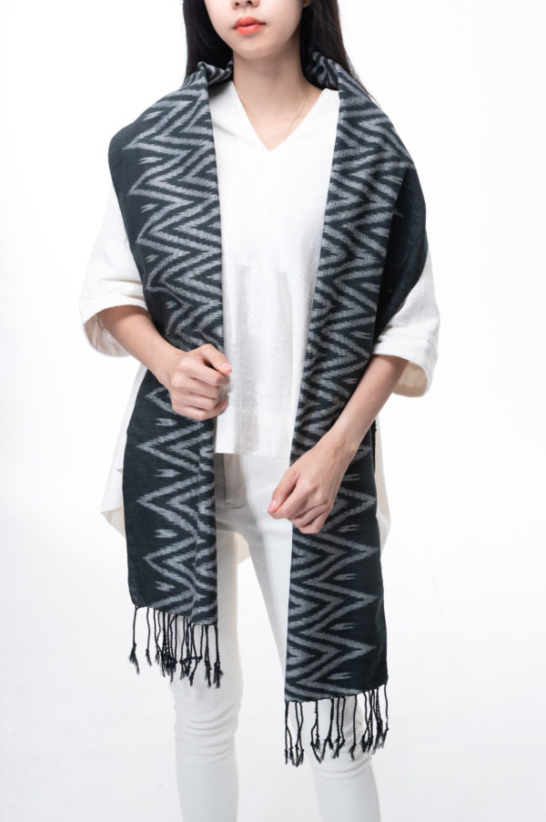 Black ikat textile scarf by Tai Lao artisans in Laos